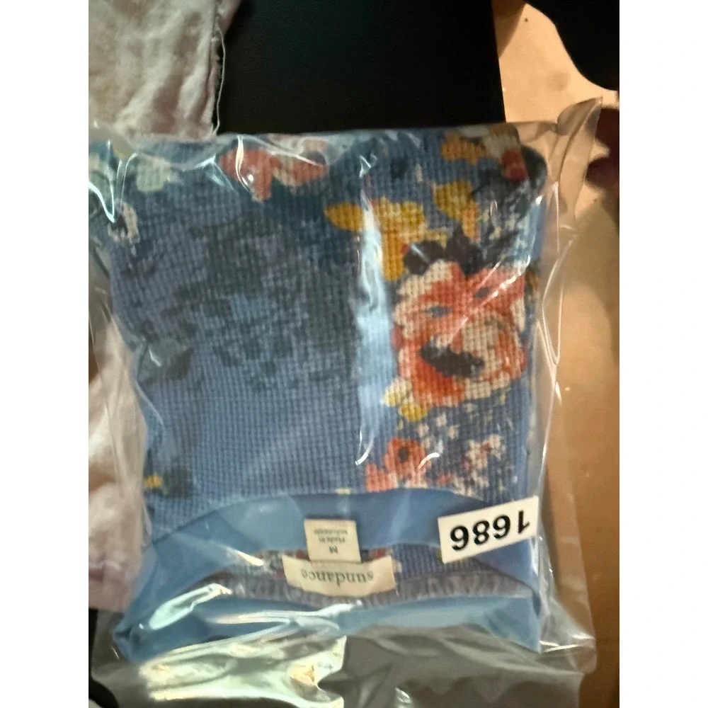 Sundance Womens Blue Floral Thermal Waffle Knit 3/4 Sleeve Top Size M RN106205 - Picture 8 of 8